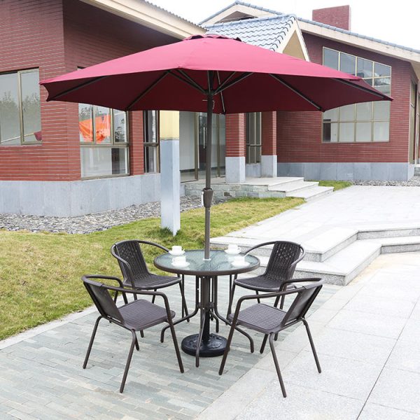 Premium Patio Set with Glass-Top Table, Ergonomic Chairs, and Red Umbrella