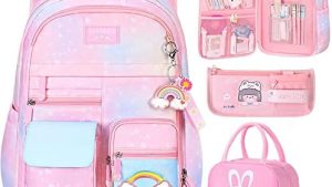 | IHZZ Kawaii Backpack, Pink Backpack for Girls, Kid Starry Rainbow Bookbag, Cute Backpack for Kids, Aesthetic Backpack, Pink(3 PCS Set) | Kids' Backpacks