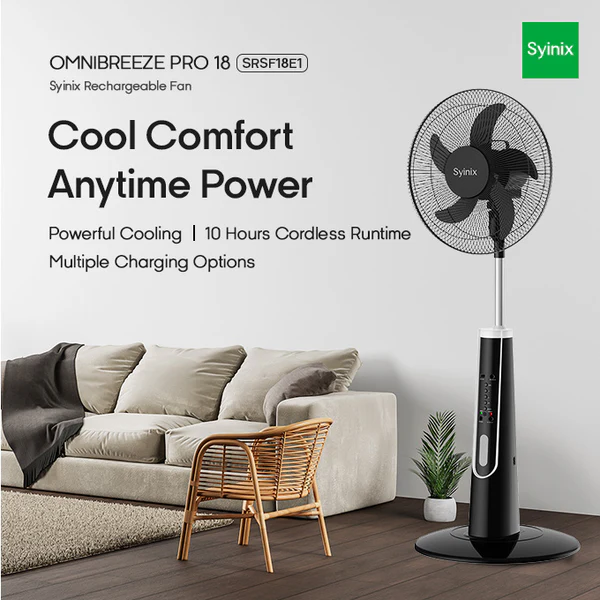 Syinix 18 Inches Rechargeable Standing Fan – High-Performance Cooling with Long-Lasting Battery