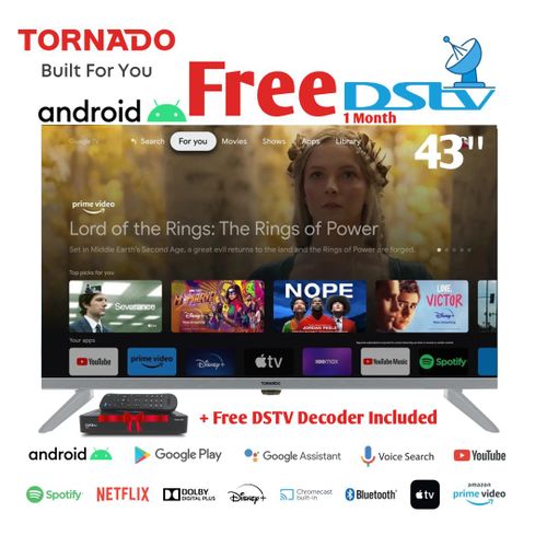 TORNADO FHD Google TV ( Official ) Frameless TV 43 Inch Built-In Receiver + Free Dstv Decoder + 1 Month Free Dstv Supscription