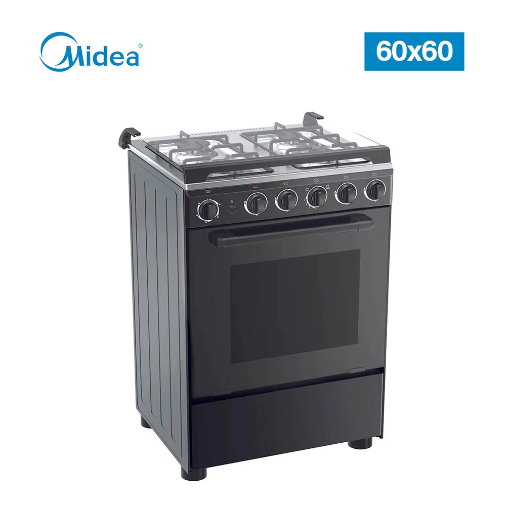 MIDEA PS 6 GAS COOKER 6060-4G057-B - 60*60 freestanding gas cooker, black body, glass lid, stainless steel